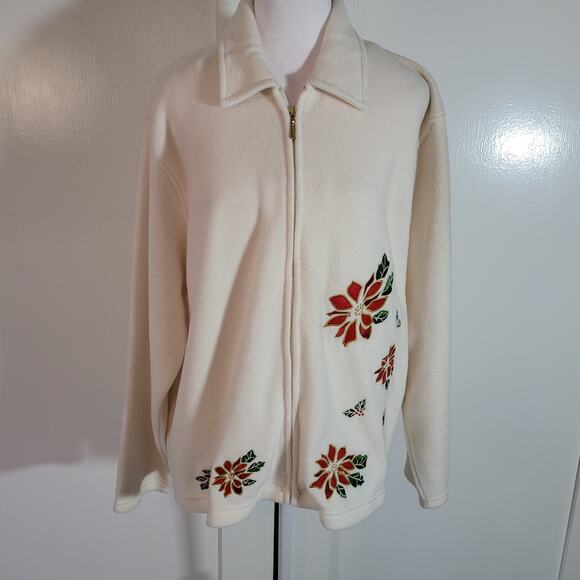 Northcrest Size XL 18  Poinsettia Full Zip White Fleece Jacket Blank Gift Tag - Picture 1 of 12